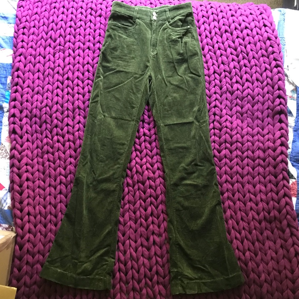 Swedish Hasbeens corduroy high waisted bell bottom flare jeans in olive green